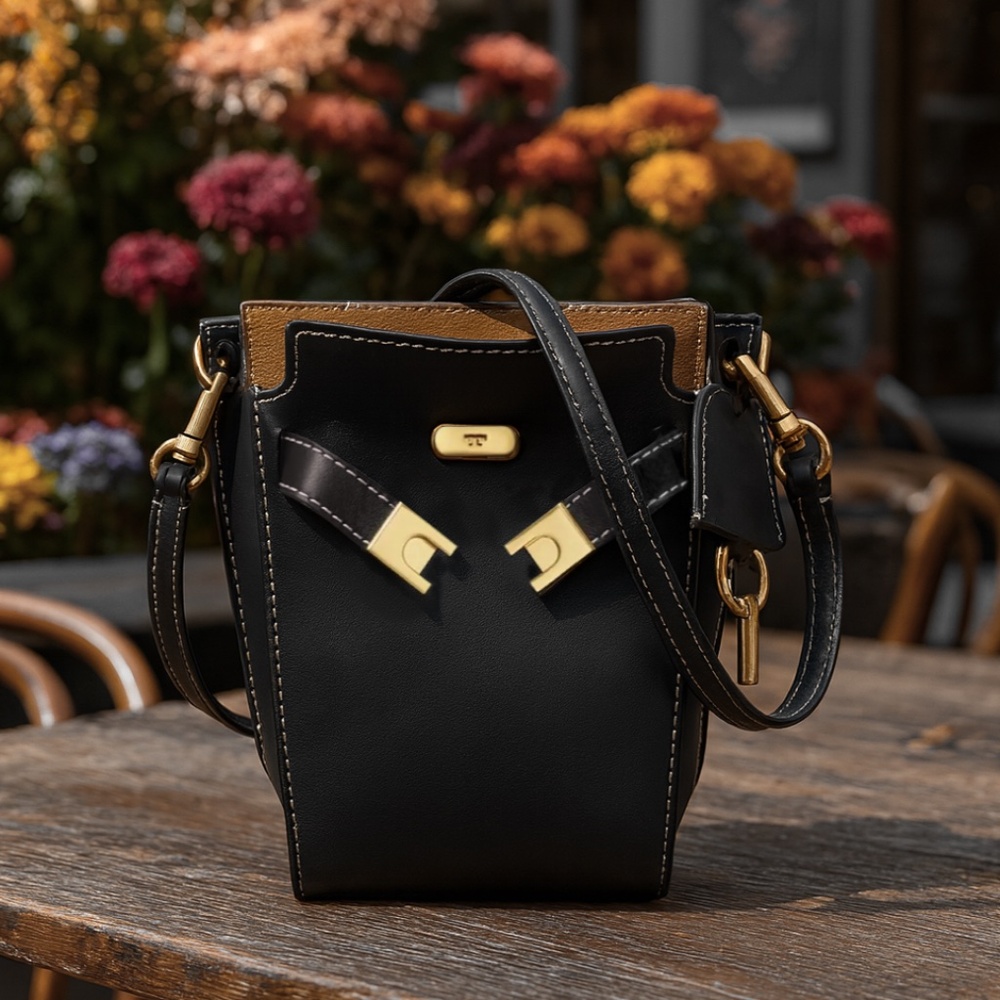 NEW Tory Burch Lee Radziwill Double Black Petite Mini Bucket Tote/Crossbody Bag